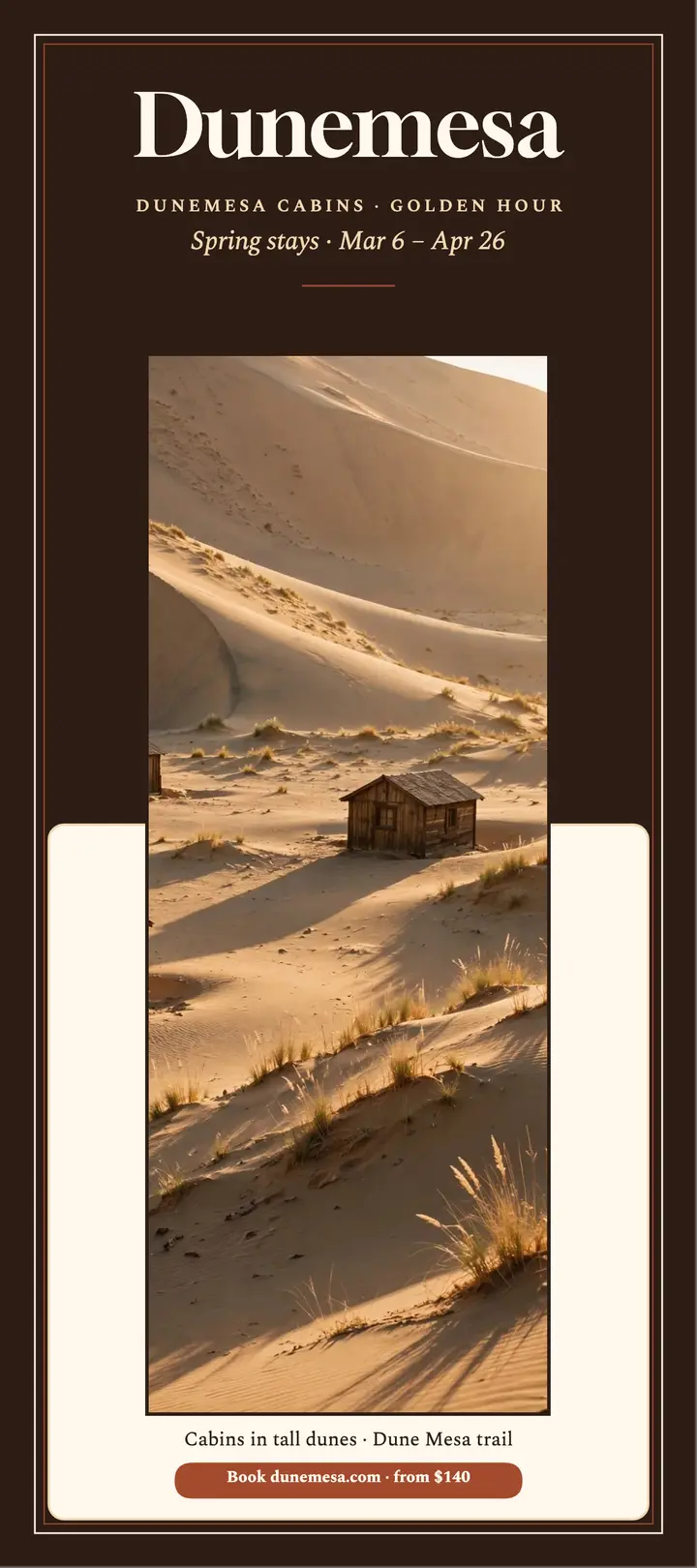 Dunemesa Cabins golden hour rack card template