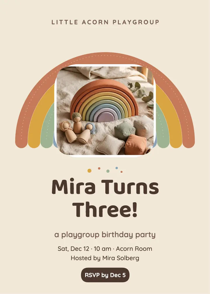 Little Acorn rainbow birthday invite template