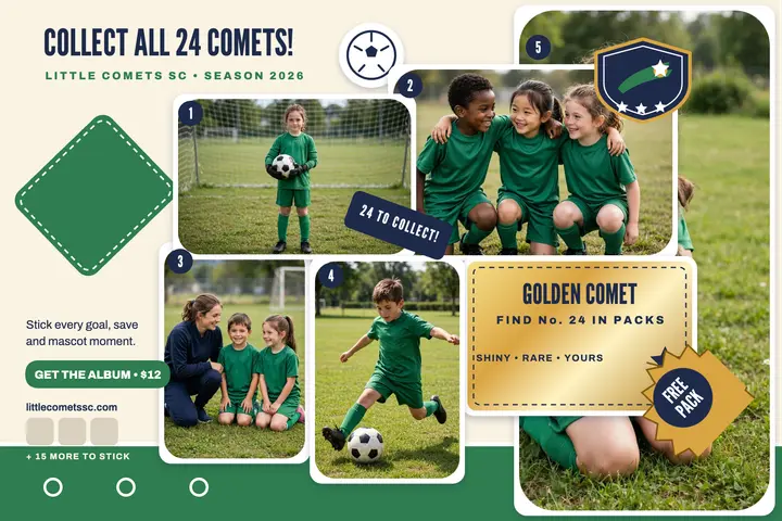Little Comets sticker album postcard: soccer sticker postcard template
