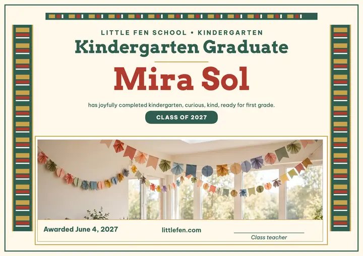 Little Fen kindergarten graduation certificate template