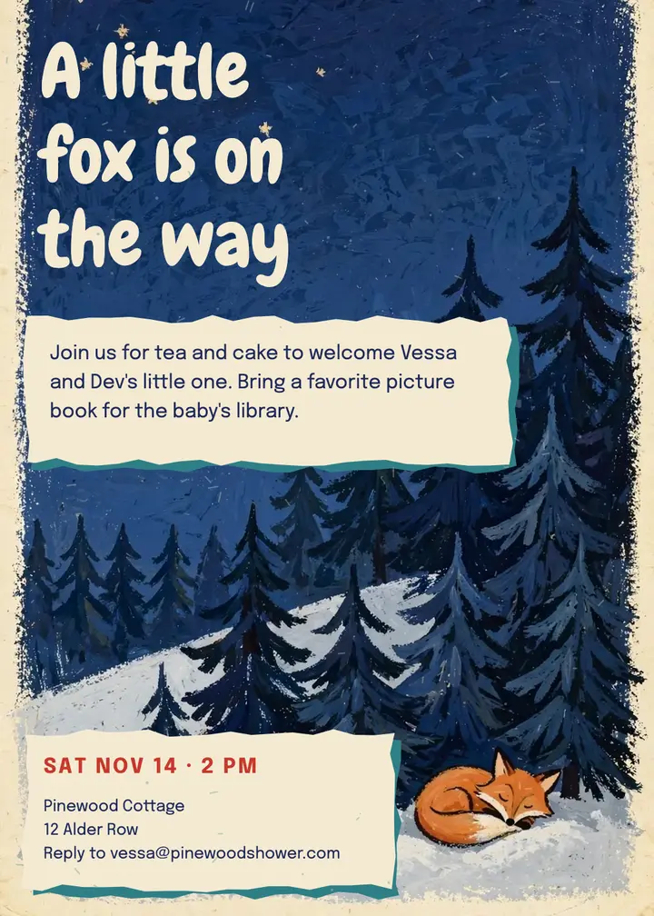 Little fox baby shower invitation, gouache storybook template