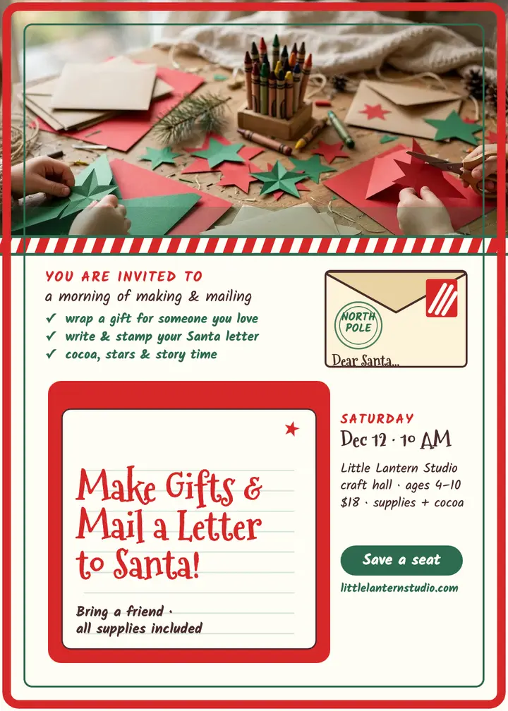 Little Lantern Santa letter morning invite: kids santa workshop invitation template