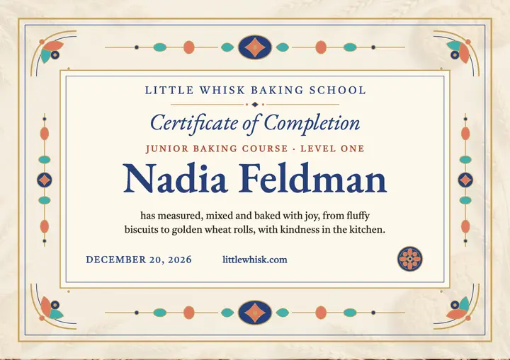 Little Whisk baking certificate, Nadia Feldman template