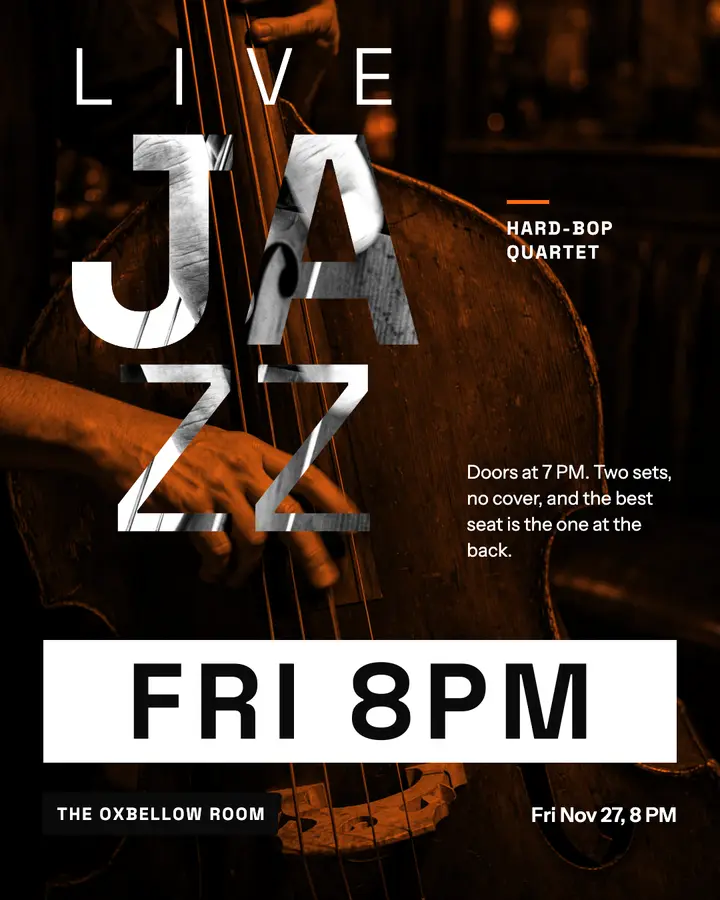 Live jazz night at The Oxbellow Room, hard-bop sleeve post template