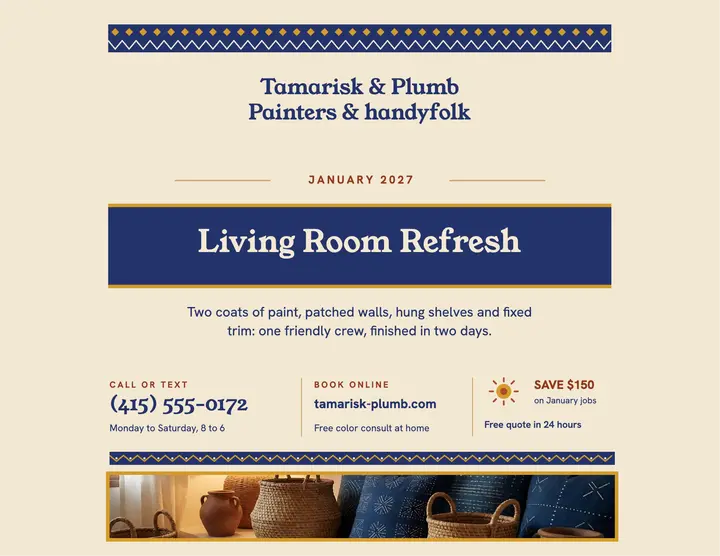 Tamarisk & Plumb living room refresh flyer template