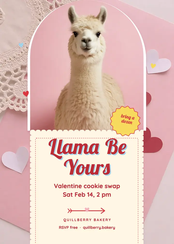 Valentine cookie swap invitation, llama pun card template