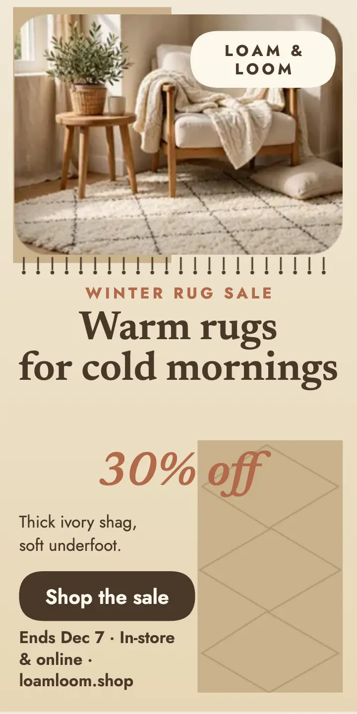 Loam and Loom winter rug sale half-page ad template