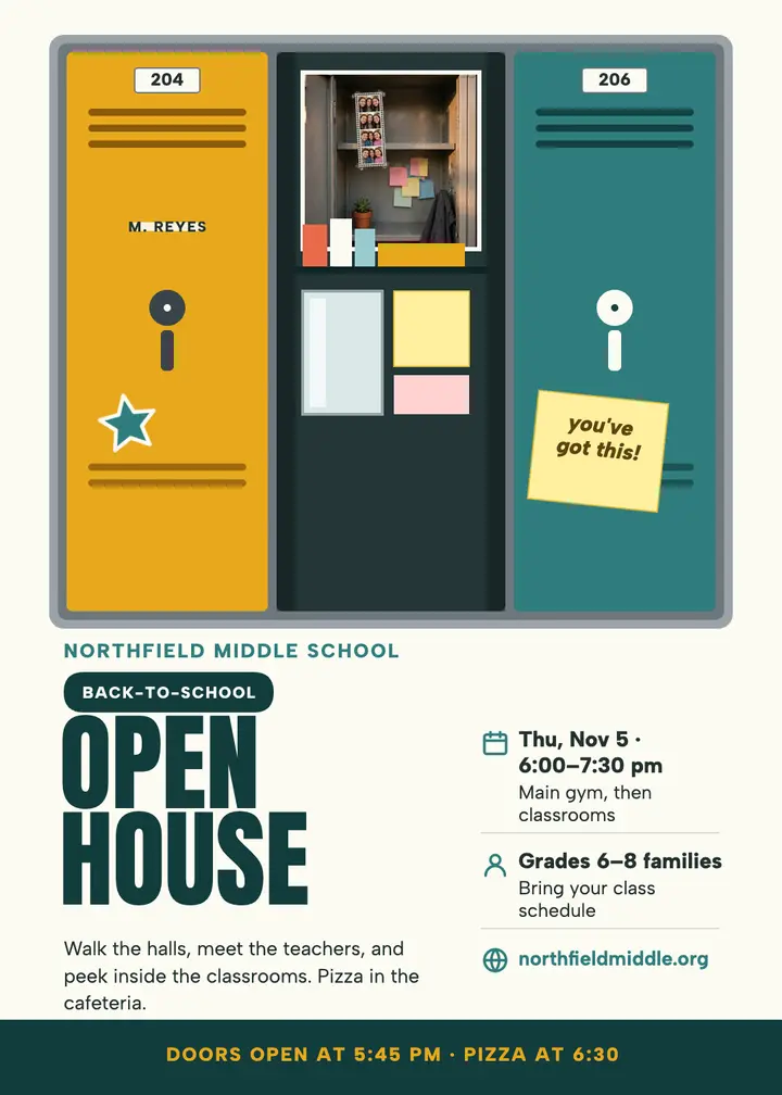 Northfield open house locker invitation: back to school night invitation template