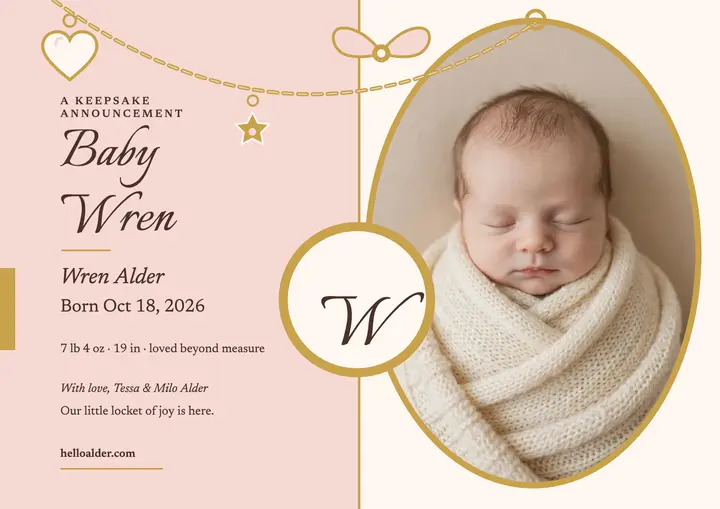 Wren Alder locket keepsake announcement template