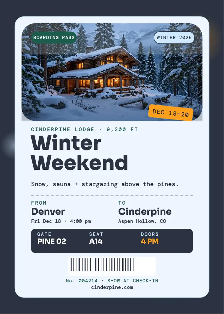 Cinderpine Lodge winter weekend boarding pass template