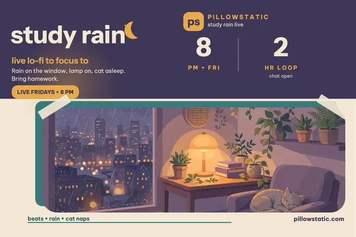 Pillowstatic study rain live postcard: lo-fi study stream postcard template