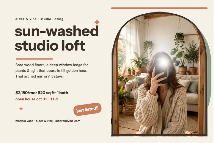 Sun-washed studio loft mirror selfie postcard: loft listing postcard template