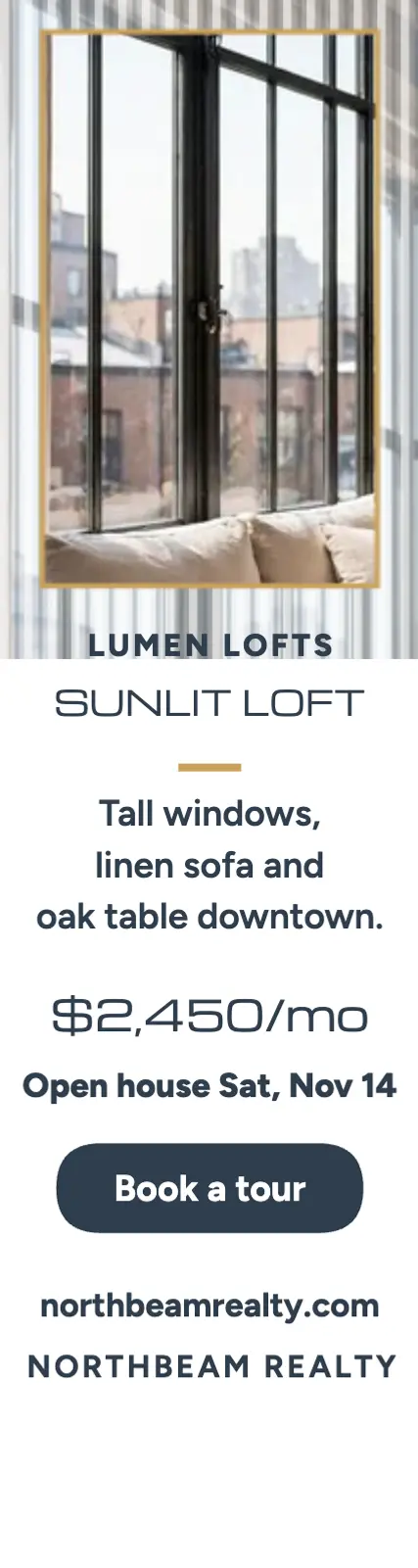 Lumen Lofts sunlit loft skyscraper ad: loft listing skyscraper ad template