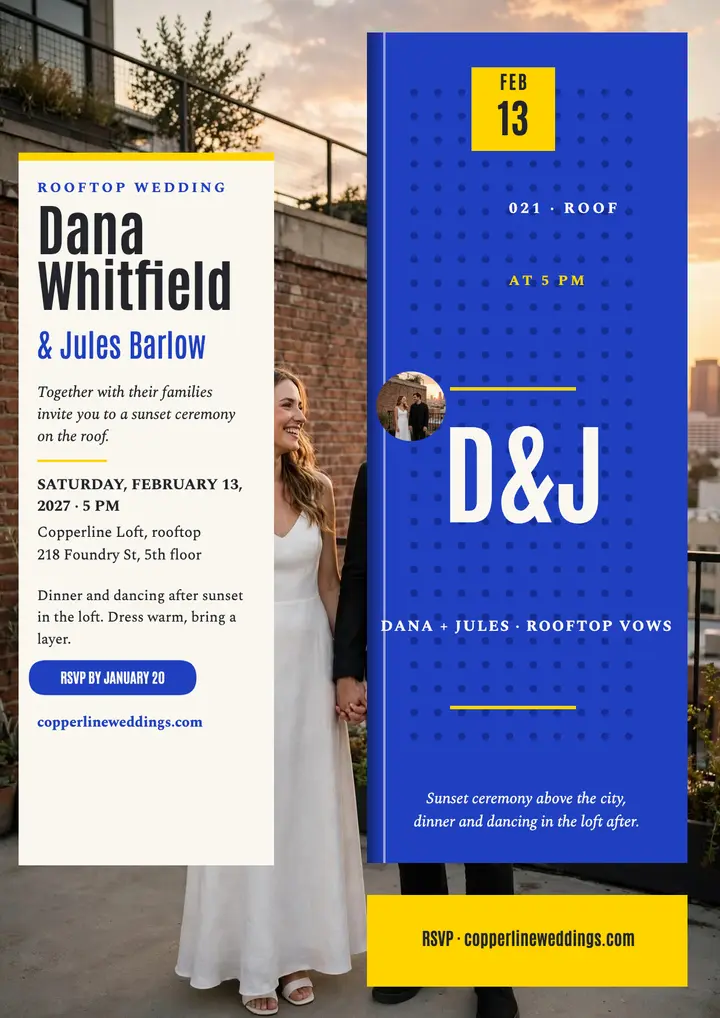 Rooftop loft wedding invitation, cobalt screen template