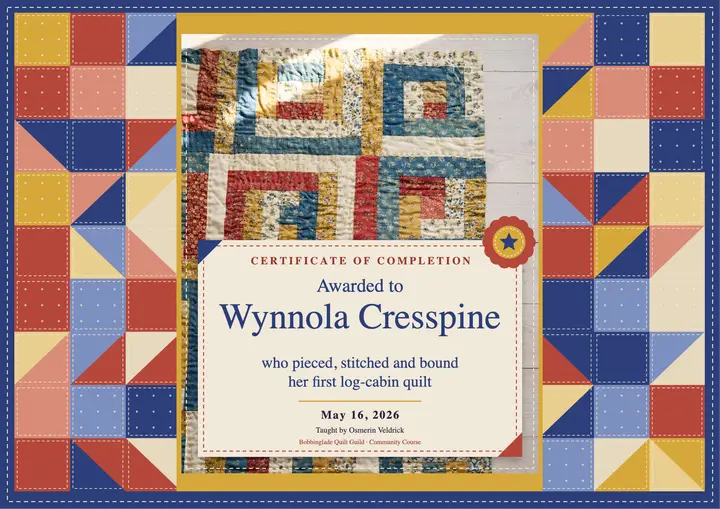 First log-cabin quilt course certificate, patchwork template