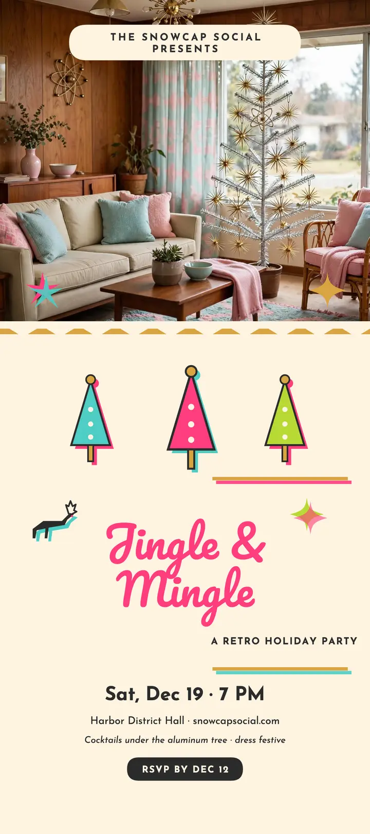 Snowcap Social retro Christmas party rack: christmas party rack card template