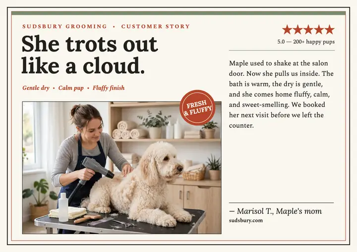 Sudsbury Grooming doodle testimonial certificate template