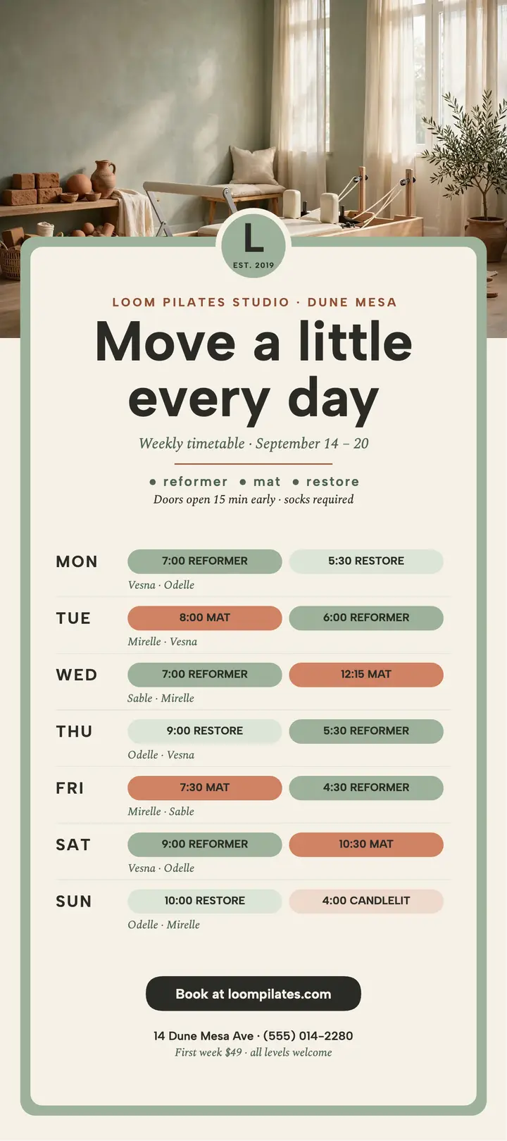 Loom Pilates weekly timetable rack card template