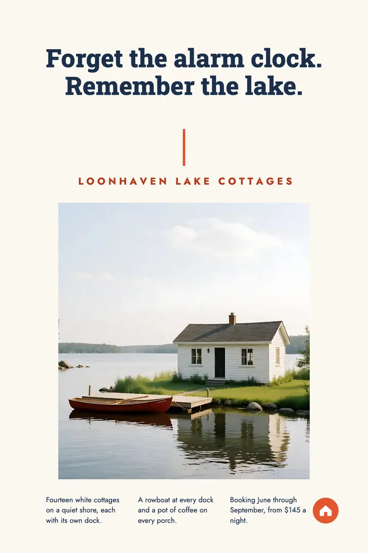 Loonhaven Lake cottages poster, sixties print ad template