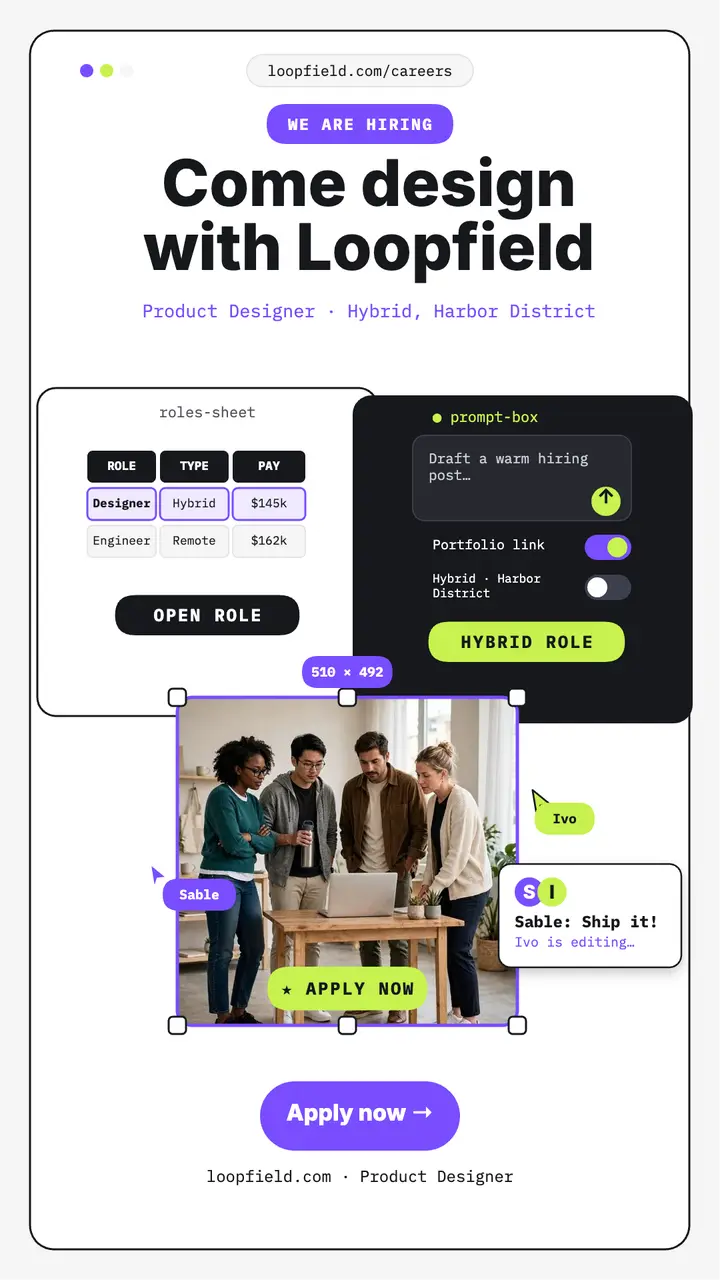 Loopfield hiring story, software UI: hiring story template