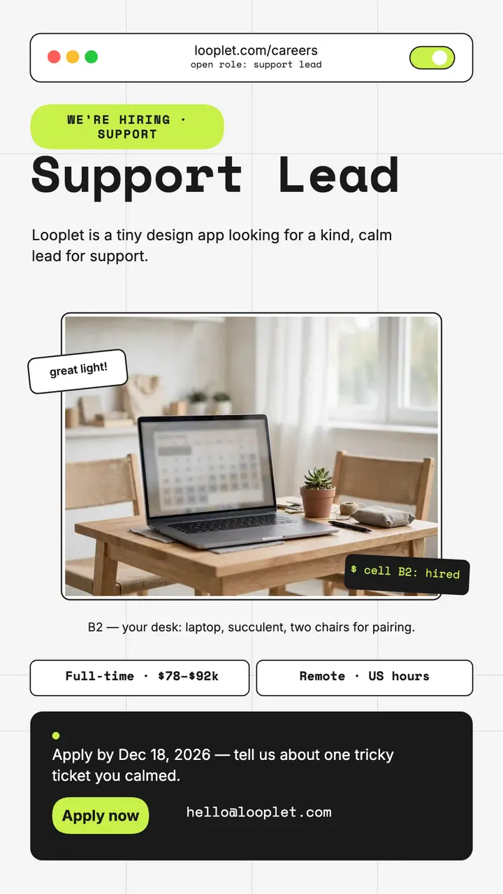 Looplet support lead hiring story template