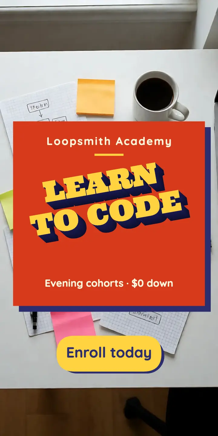 Loopsmith Academy learn to code half-page ad: coding bootcamp ad template