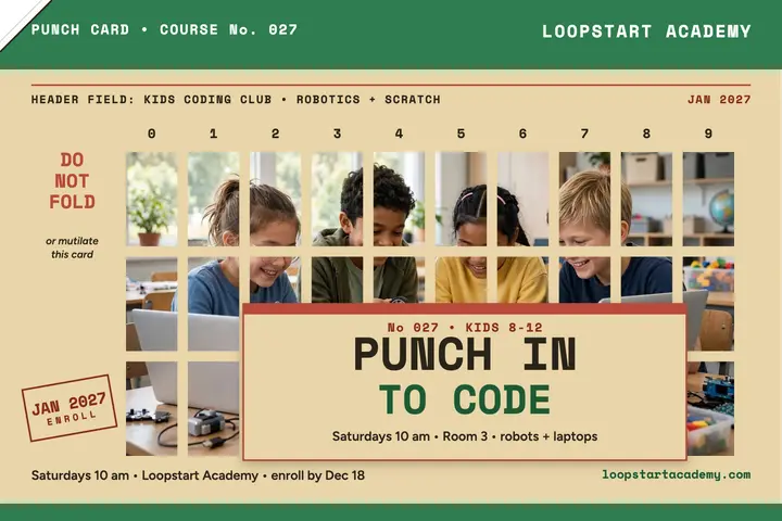 Loopstart Academy punch card postcard: coding class postcard template