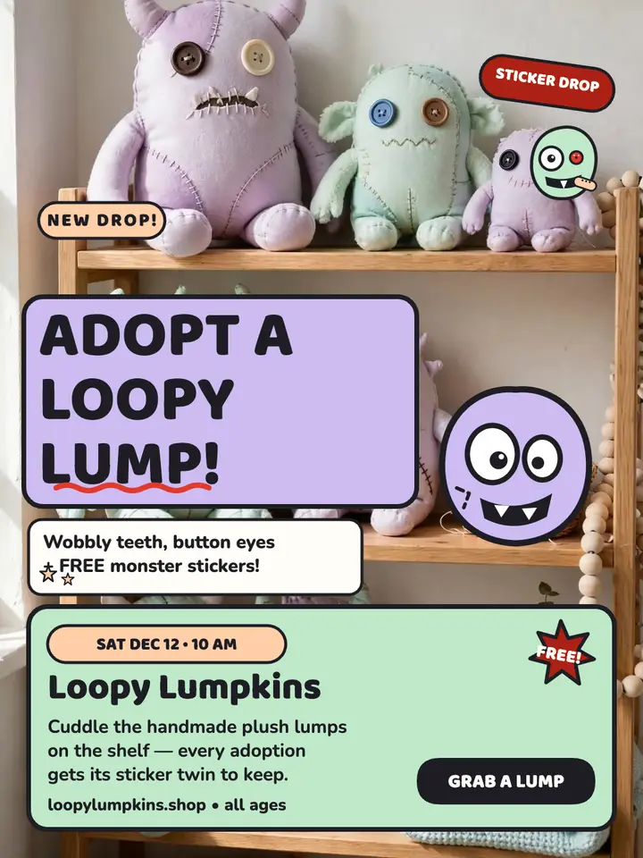 Loopy Lumpkins monster toy drop: toy sticker drop post template