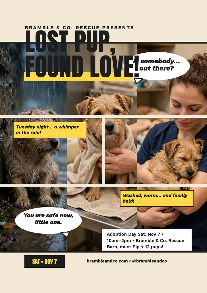 Lost pup found love fotonovela flyer: pet adoption flyer template
