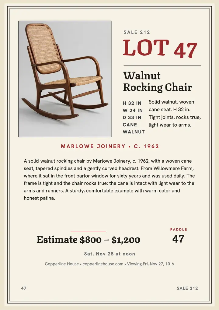 Lot 47 walnut rocker auction flyer template