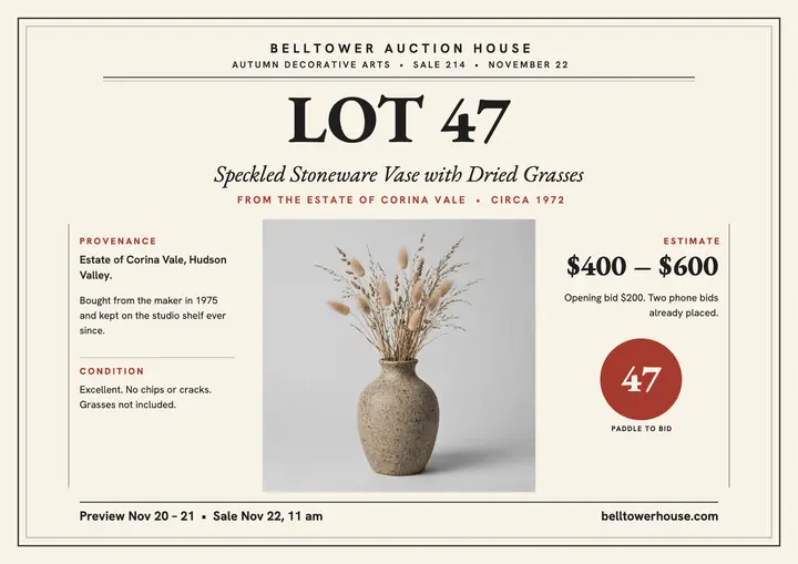 Lot 47 stoneware vase auction page: auction lot page template