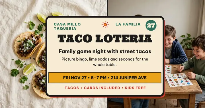 Taco loteria family night, Casa Millo template