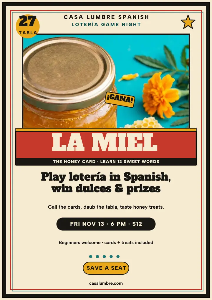 Casa Lumbre loteria honey game night template