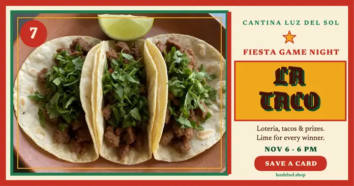 Cantina Luz del Sol taco loteria night post template