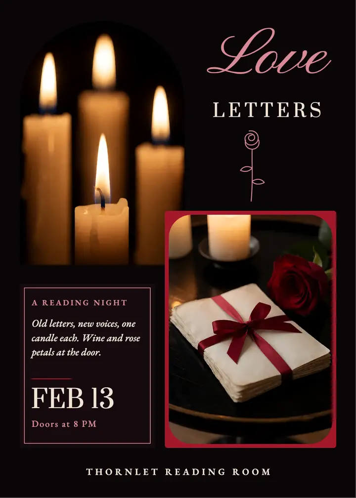 Love letters candlelit reading night invitation, dark romance template