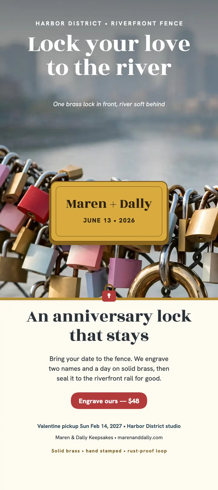 Riverfront love lock anniversary rack card template