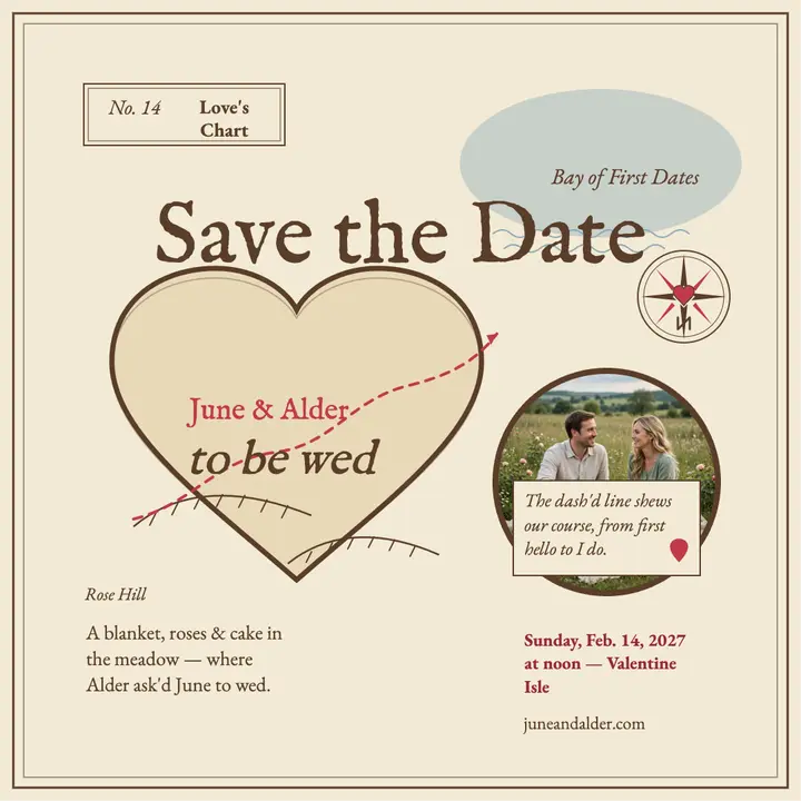 June and Alder love map save the date template