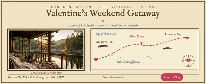 Lantern Bay Valentine getaway voucher, love map template