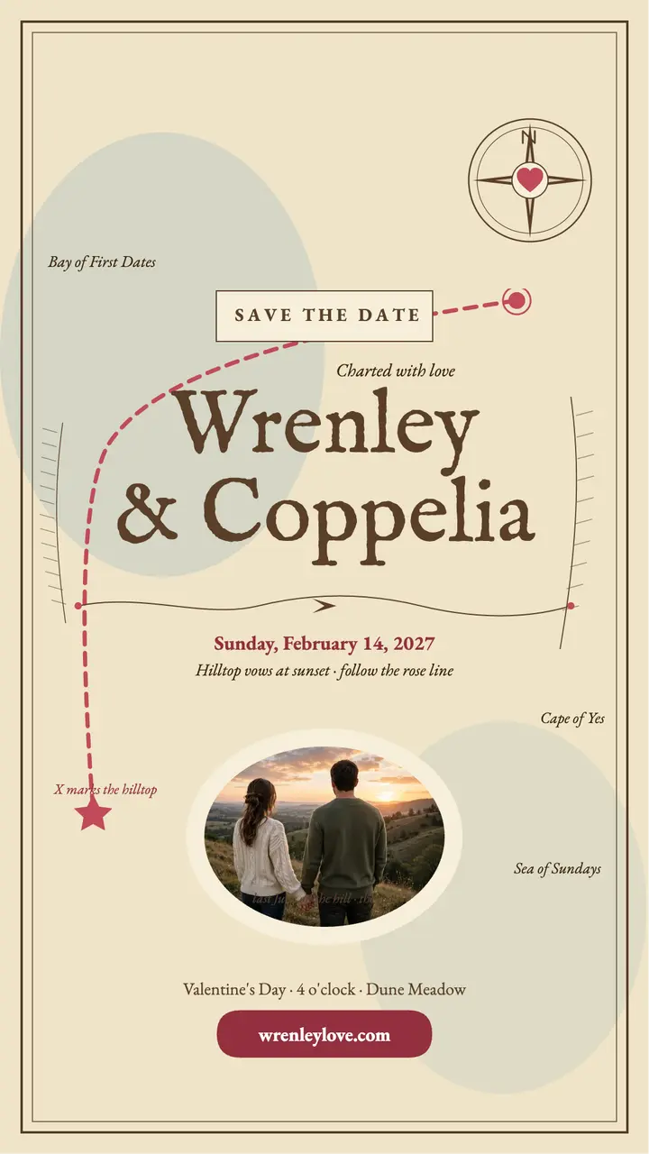 Wrenley and Coppelia love map save the date: valentine's save the date story template