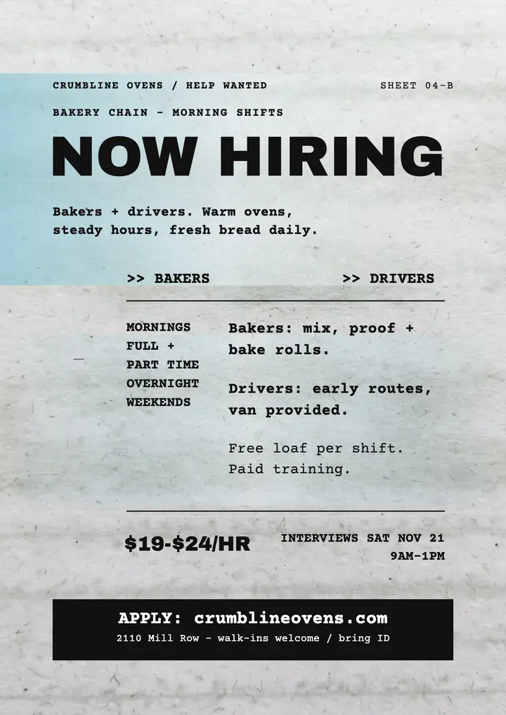 Crumbline Ovens low-ink hiring flyer template