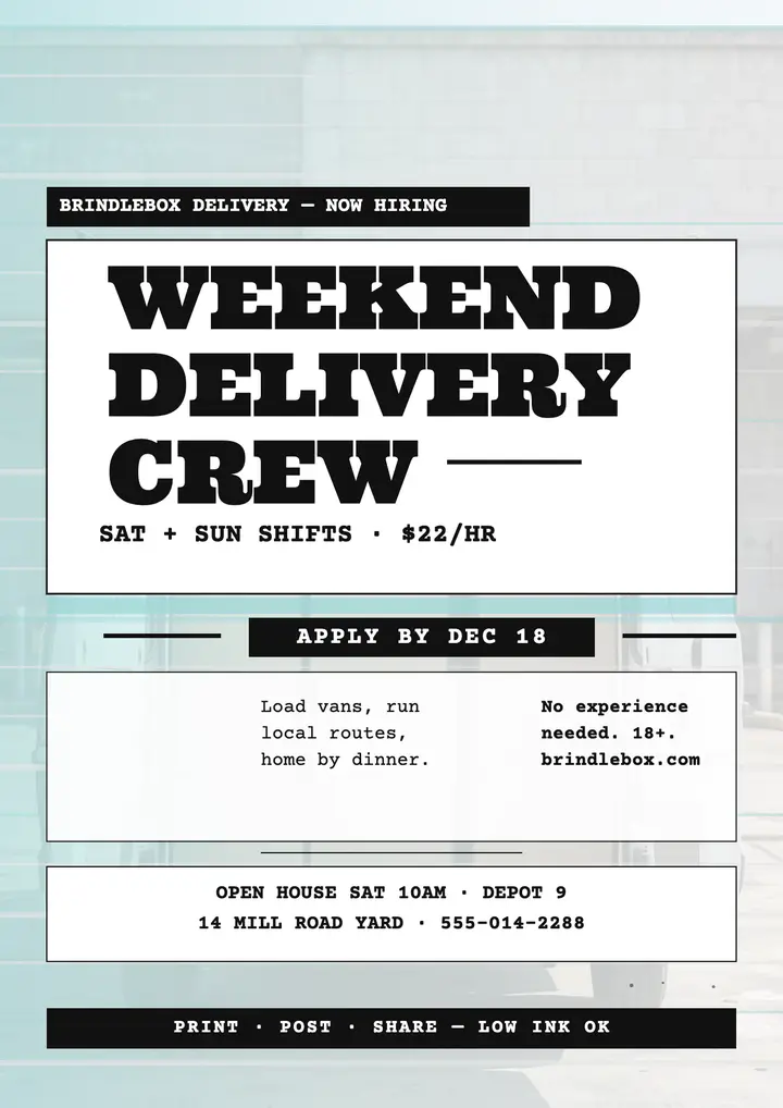 Brindlebox weekend delivery crew hiring flyer template