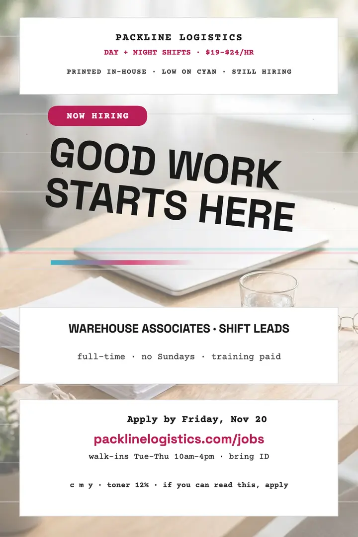 Packline hiring poster, low ink printout: hiring poster template