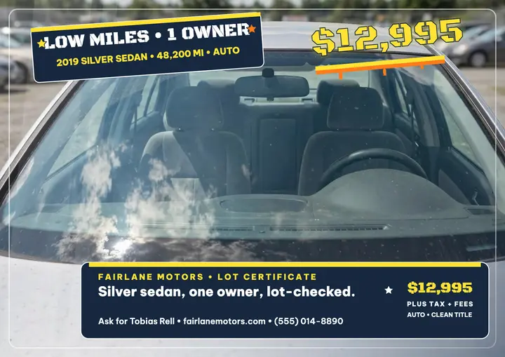 Low-miles sedan windshield sale certificate template