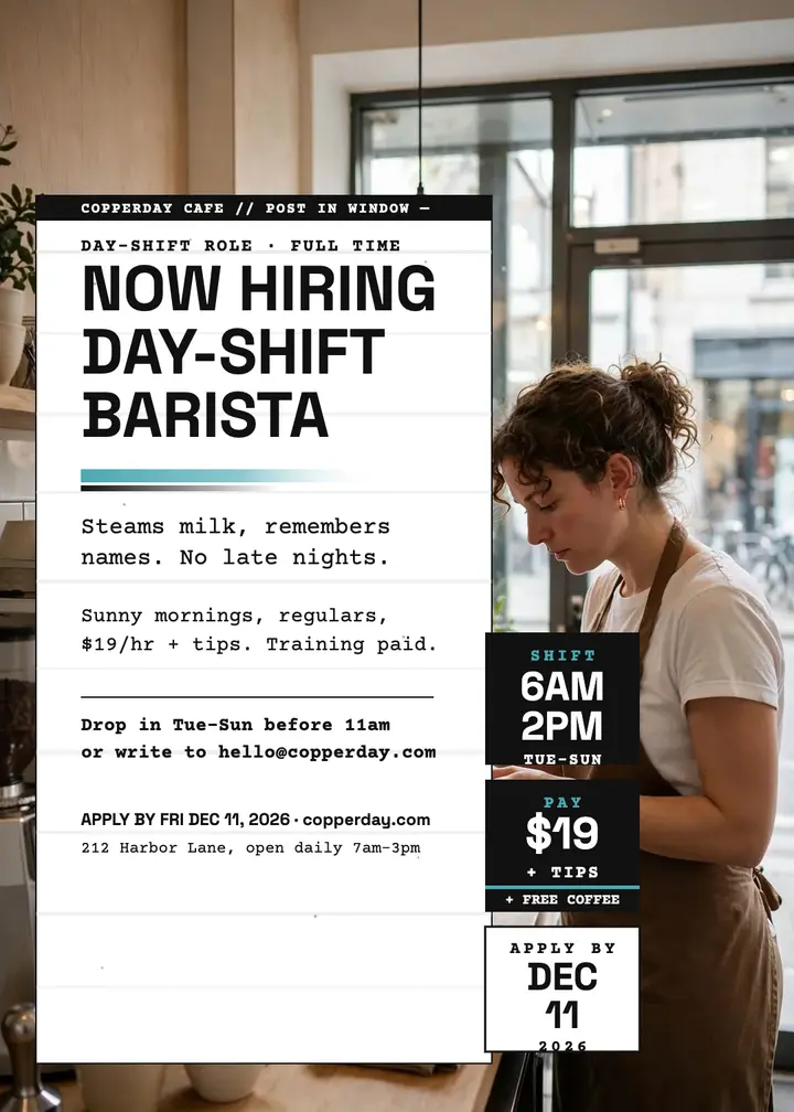 Copperday barista hiring low-ink flyer template