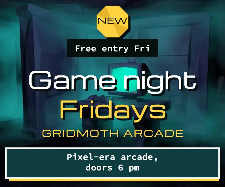 Gridmoth Arcade Friday game night ad, low-poly template