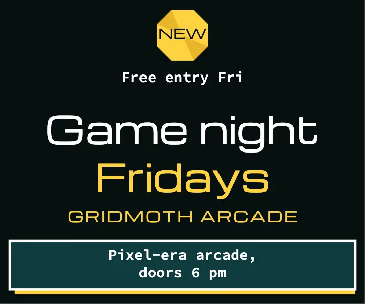 Gridmoth Arcade Friday game night ad, low-poly template