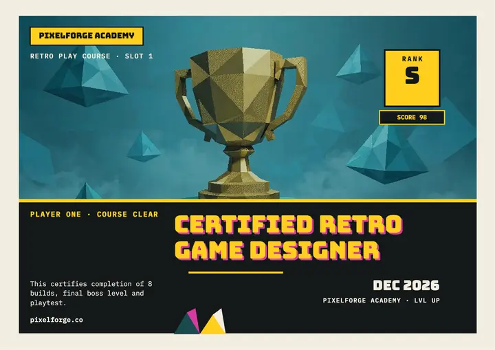 Pixelforge retro game course certificate: course certificate template