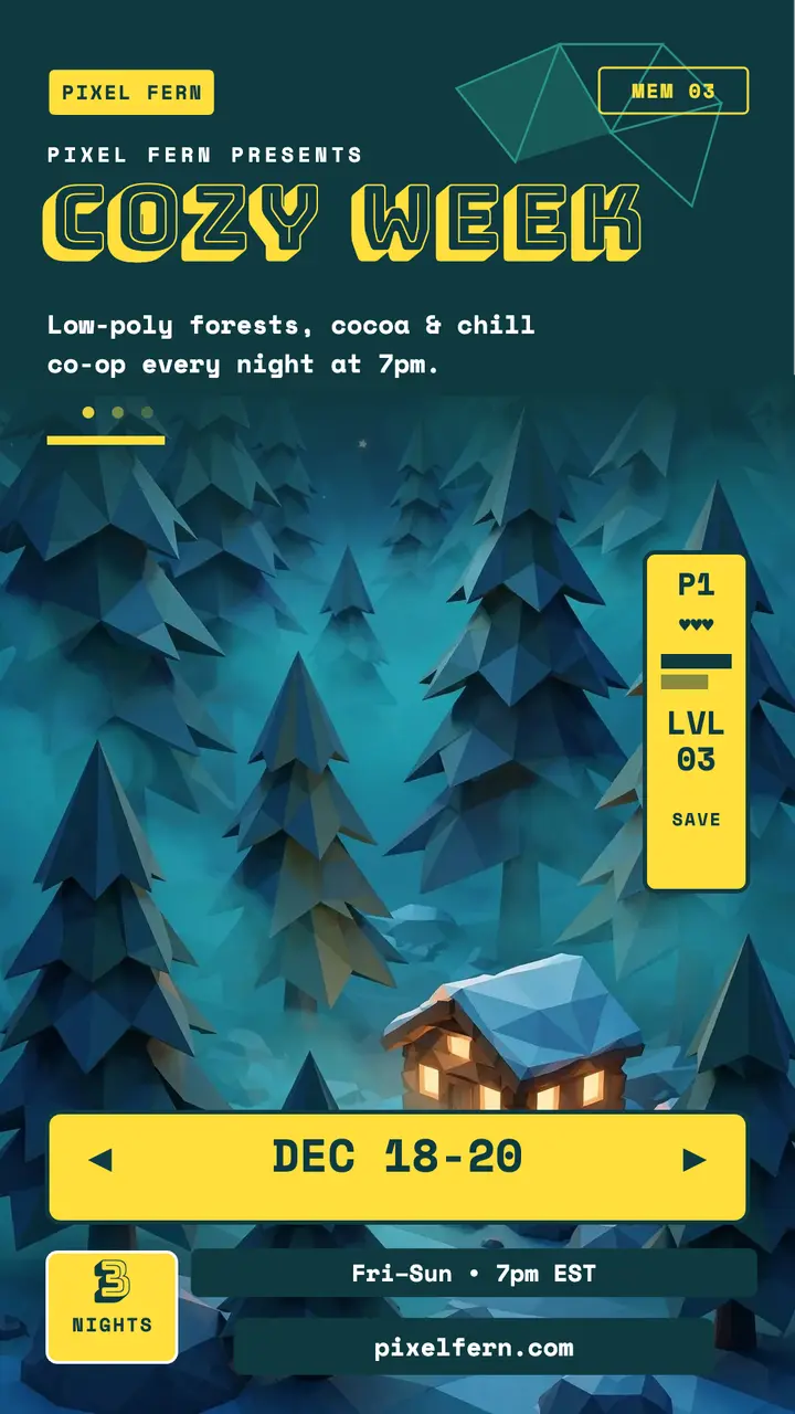 Pixel Fern cozy stream week low-poly story template