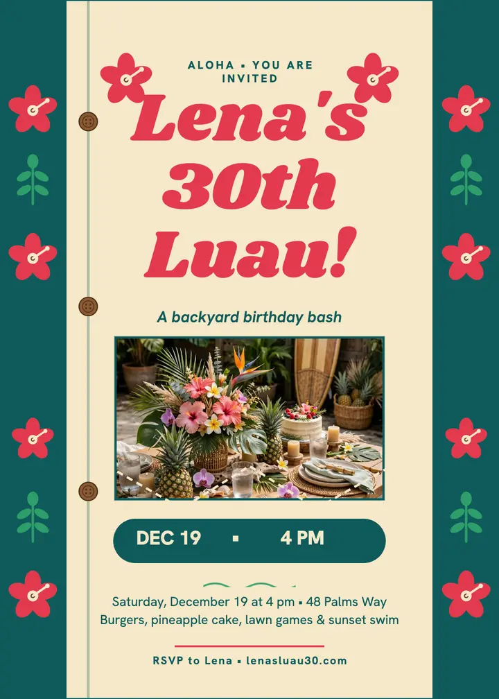 Lena Marsh luau 30th invitation: luau birthday invitation template