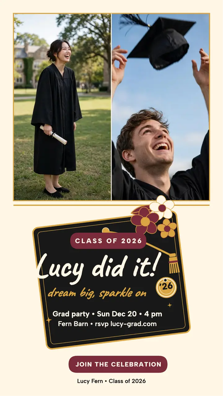 Lucy Fern grad party story, decorated cap template